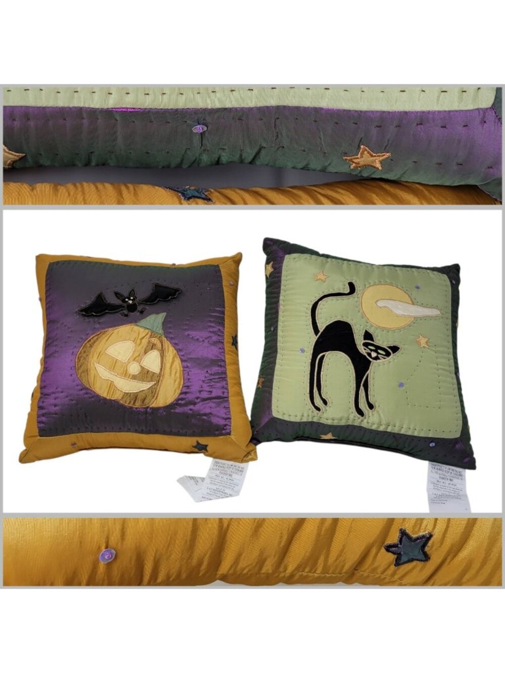 2 Celestial Halloween Throw Pillows Bat Cat Pumpkin Stars Jack-o-lantern Vtg 90s